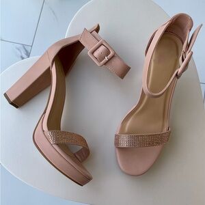Pale Pink Open Toe Chunky Heels with Embellished Straps